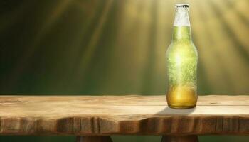 Fresco cerveza soltar en de madera mesa, Perfecto verano refresco al aire libre generado por ai foto