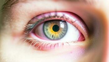 Vibrant blue iris staring, close up portrait of young Caucasian woman generated by AI photo