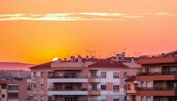 Silhouette of modern skyscrapers against colorful sunset skyline panorama generated by AI photo