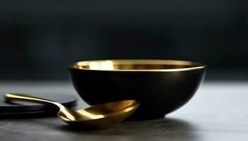 Shiny gold spoon on black background, selective focus, still life generated by AI photo
