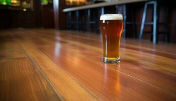 Foamy pint of craft beer on wooden bar counter at pub generated by AI photo