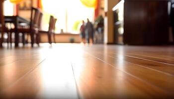 Wooden table in modern home interior with defocused background patterns generated by AI photo