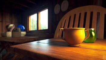 Rustic table, comfortable chair, coffee cup, illuminated by electric lamp generated by AI photo