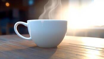 Hot coffee steam rises from mug on wooden table indoors generated by AI photo