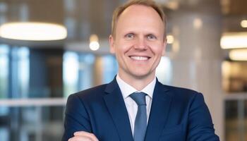 Confident businessman in modern office, smiling with toothy happiness generated by AI photo