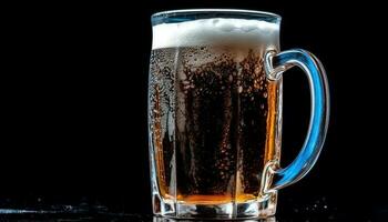 Frothy beer drop in gold glass, black background, refreshing thirst quencher generated by AI photo