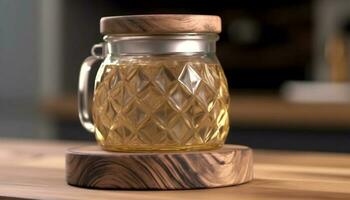 Rustic wooden table holds a jar of fresh yellow liquid generated by AI photo