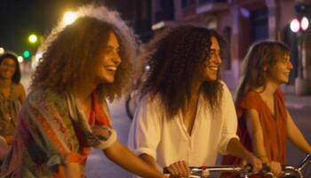 Young adults enjoy city nightlife, laughing carefree with friends generated by AI photo