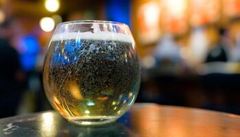 Refreshing frothy drink poured on bar counter in summer heat generated by AI photo