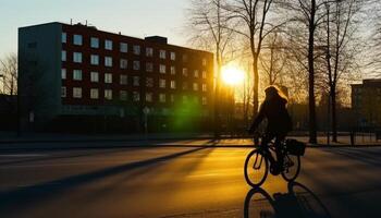 silueta ciclismo a oscuridad, sano estilo de vida en ciudad tráfico movimiento generado por ai foto