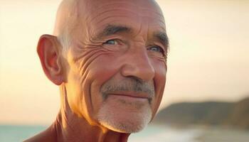 sonriente mayor hombre disfruta despreocupado verano vacaciones en naturaleza luz de sol generado por ai foto