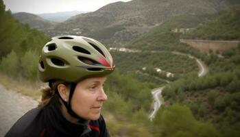 uno persona ciclismo mediante montaña bosque con Deportes casco en generado por ai foto