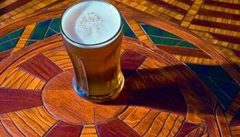 espumoso cerveza en un medio litro vaso en un de madera mesa generado por ai foto