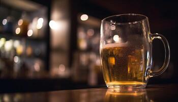 Frothy beer drop illuminates pub gold counter in close up generated by AI photo