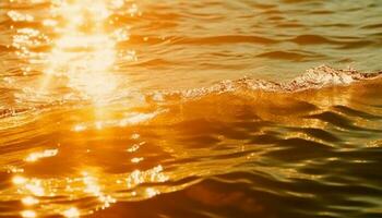 puesta de sol reflexión en agua, ola modelo en tranquilo marina generado por ai foto