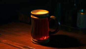 Dark wood table reflects back lit pub glass for craft whiskey generated by AI photo