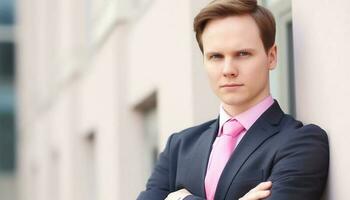 Confident young businessman in suit standing outdoors, looking at camera generated by AI photo