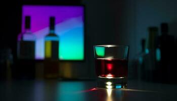 Luxury bar counter with elegant whiskey bottle and wineglass reflection generated by AI photo