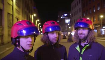 grupo de hombres y mujer en iluminado Deportes cascos al aire libre generado por ai foto