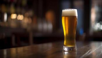 Foamy beer in a yellow pint glass on wooden table generated by AI photo