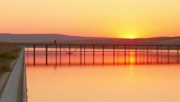 Vibrant sunset reflects on tranquil water, powering wind turbines generated by AI photo