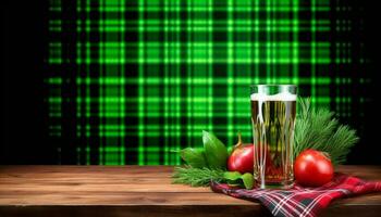 Fresh pint of beer on rustic wooden table with plaid tablecloth generated by AI photo