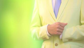 Successful businessman holding yellow jacket, gesturing with confidence outdoors generated by AI photo