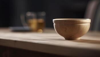 Wooden table with rustic pottery bowl and coffee cup decoration generated by AI photo