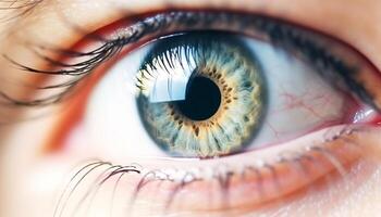 Blue eyed woman staring at camera, close up of iris generated by AI photo