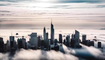 Lower Manhattan iconic skyline illuminated at dusk, a business capital generated by AI photo