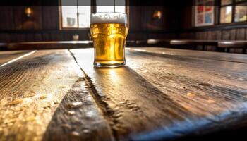 espumoso cerveza en oro medio litro vaso en oscuro bar mostrador generado por ai foto