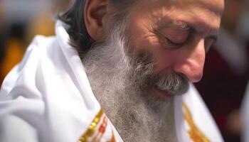 One smiling man praying outdoors, eyes closed in spirituality generated by AI photo