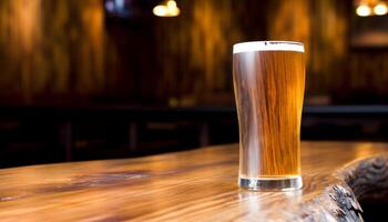 Frothy beer in pint glass on wooden bar counter at pub generated by AI photo