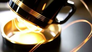 caliente café en inoxidable acero taza, brillante en estufa parte superior generado por ai foto