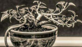 Freshness of growth in black and white potted plant still life generated by AI photo