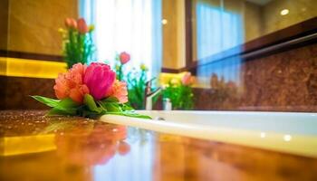 Fresh tulips in a vase on a wooden table indoors generated by AI photo