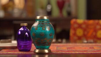 Multi colored vase holds antique bottle of alcohol for celebration generated by AI photo