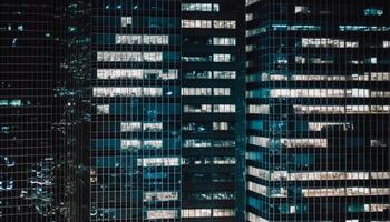 Tall modern skyscraper with striped glass facade reflects city lights generated by AI photo