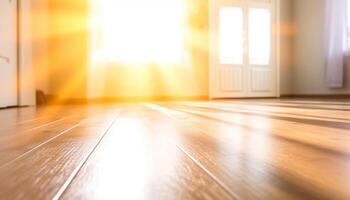 brillante luz de sol ilumina moderno Departamento vacío vivo habitación con madera dura piso generado por ai foto