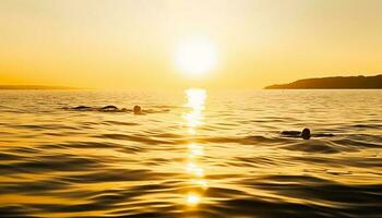 dos sonriente personas disfrutar tranquilo puesta de sol en tropical línea costera generado por ai foto