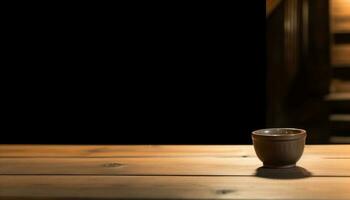 Wooden table with coffee cup, saucer, and pottery mug generated by AI photo