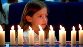 Caucasian child smiling, holding candle, celebrating Christianity with family generated by AI photo