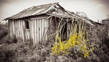 Weathered hut in rural scene, abandoned and run down, surrounded by nature generated by AI photo