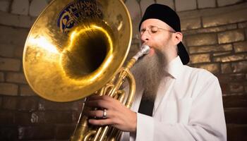 Men playing wind instruments in brass band at outdoor celebration generated by AI photo