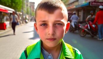 Smiling schoolboy looking at camera, enjoying summer nature activity generated by AI photo