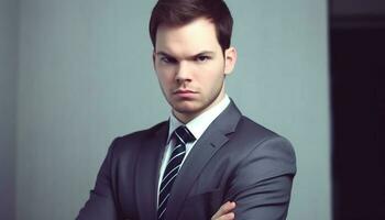 Confident young businessman in elegant suit, serious expression, standing indoors generated by AI photo