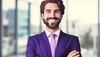 Confident businessman standing outdoors, smiling with toothy grin generated by AI photo