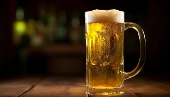 Frothy beer drop on bar counter, refreshing cold yellow refreshment generated by AI photo