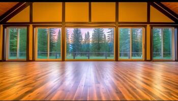 luz de sol ilumina moderno Departamento con madera dura piso y naturaleza antecedentes generado por ai foto