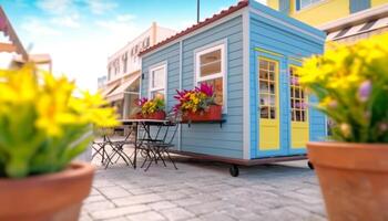 Vibrant flower head decorates rustic wooden table on outdoor patio generated by AI photo